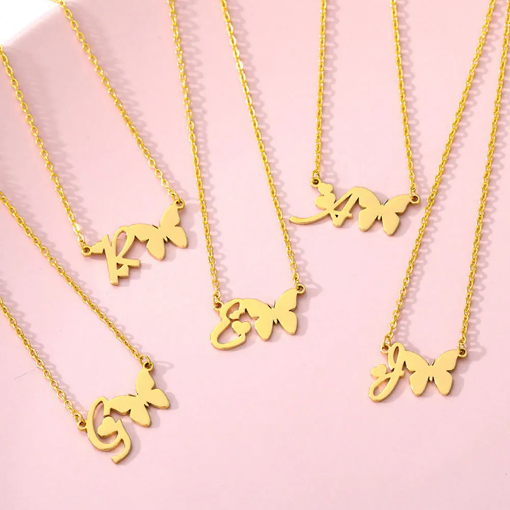 

women stainless steel gold plated letter necklace initial with butterfly