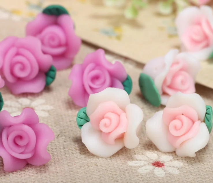 

12mm 3D polymer clay flower beads for jewelry making rose flower beads with leaf for DIY beaded jewelry accessories, As picture