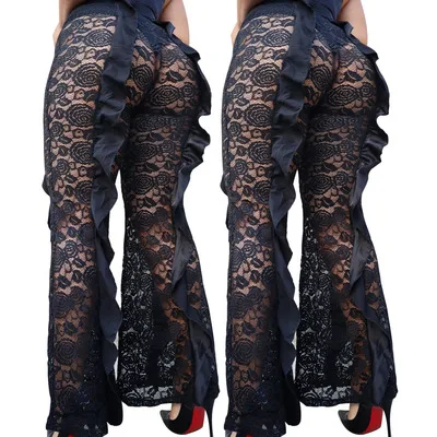 

Newest Design Solid color Sexy lace 5XL Plus Size long pant summer transparent Hollow Out Ruffled temperament women pants