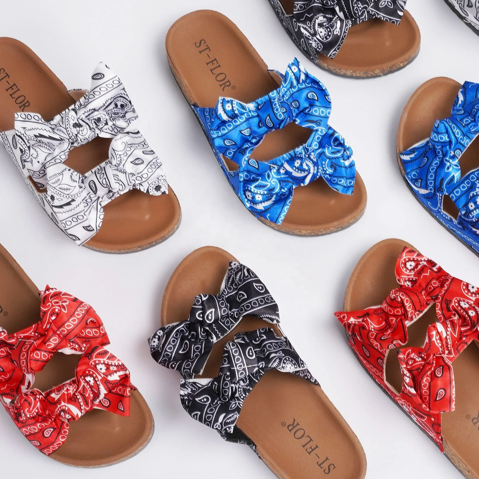 

Wholesale fashion flip flops summer beach slippers bandana print slide slippers open toe slippers for women, White/red/green/blue/black