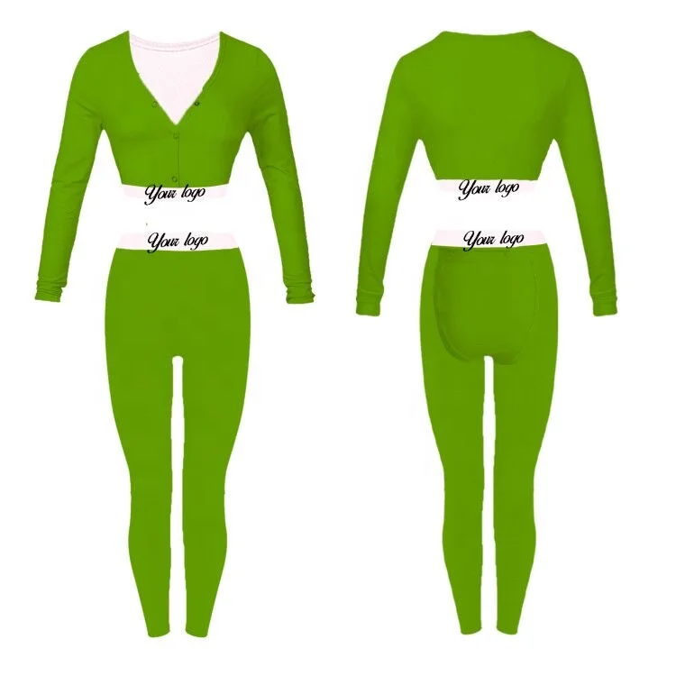 

Custom private logo Women long sleeve crop top pants 2pc women set onesie with butt flap, Your own color
