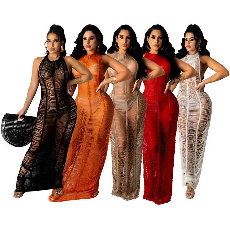 

OSINA Lowest Price Halter Sleeveless Backless Sexy Summer Solid Weave See Through Beachwear Women Long Maxi Dresses