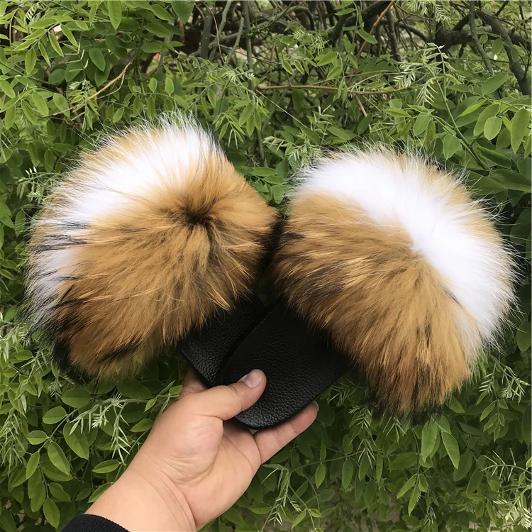 

2021 new free samples fox slippers, raccoon slippers, ladies fur slippers,