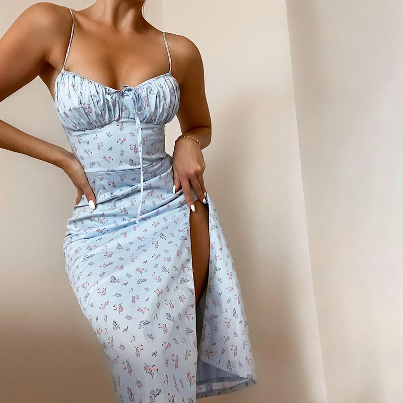 

Floral Print Side Split Summer Midi Dress Girls' Fashion Elegant Apparel Ladies Sleeveless Sexy Outfit Women 2021 Casual Clothes