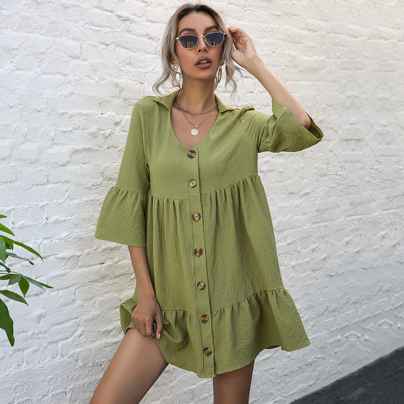 

Manufacturer Wholesale Dresses Women Lady Summer Elegant Solid Cloth Plus Size Casual Short Smoked Dress