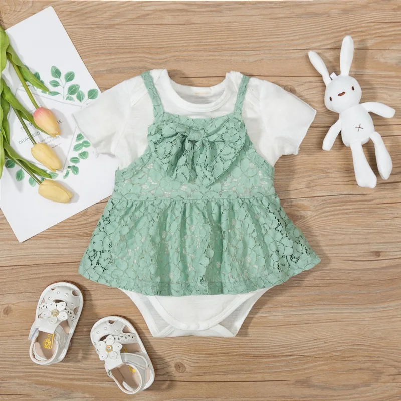 

Boutique Trendy Girl Clothes Cotton Romper+lace Dress 2pcs Girl Clothing Jumpsuit