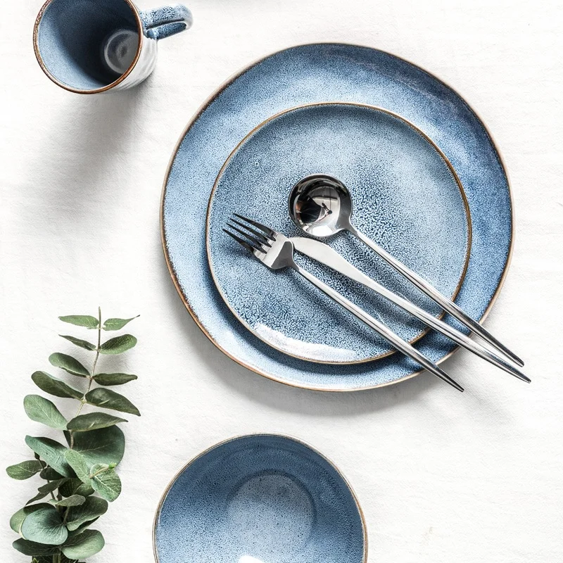 

Creative ceramic tableware retro kiln glazed dishes cups dishes household plates, Grey