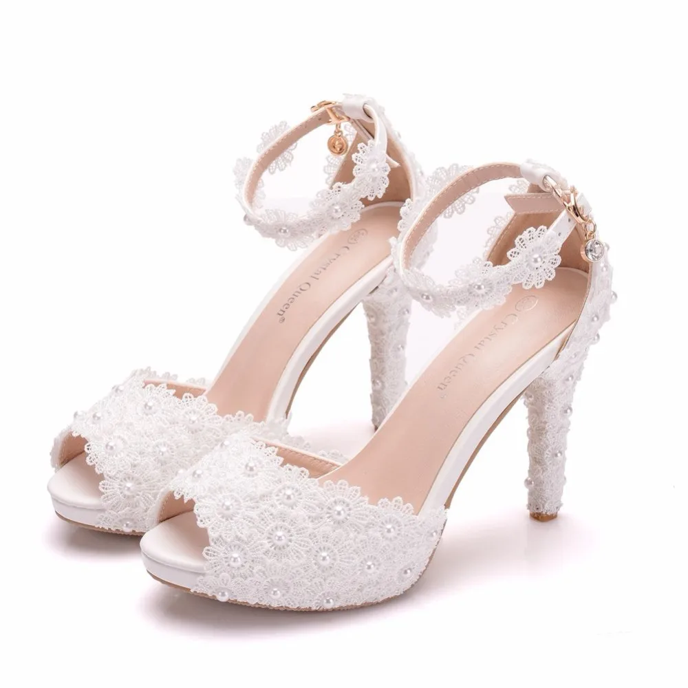 

BS049 Women Platform Sandals High Heels Waterproof Female White Lace Wedding Shoes Pointed Toe Peep Lace Flower Pearls, As the picture