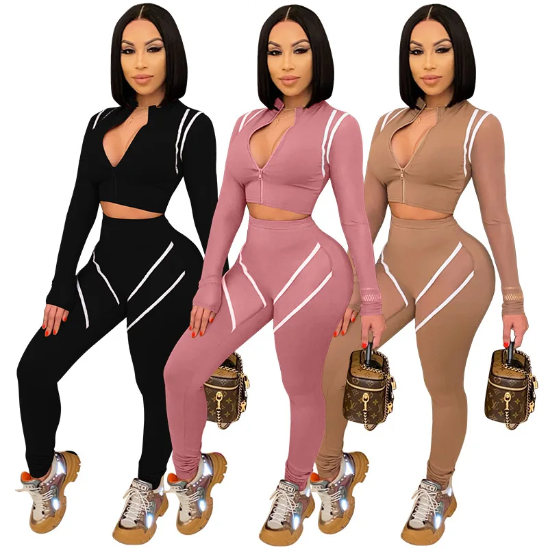 

PDEP new arrival custom logo tight tracksuit 2 pieces ladies crop zipper top fitness leggings pants set women fancy tracksuit, Black,brown,pink