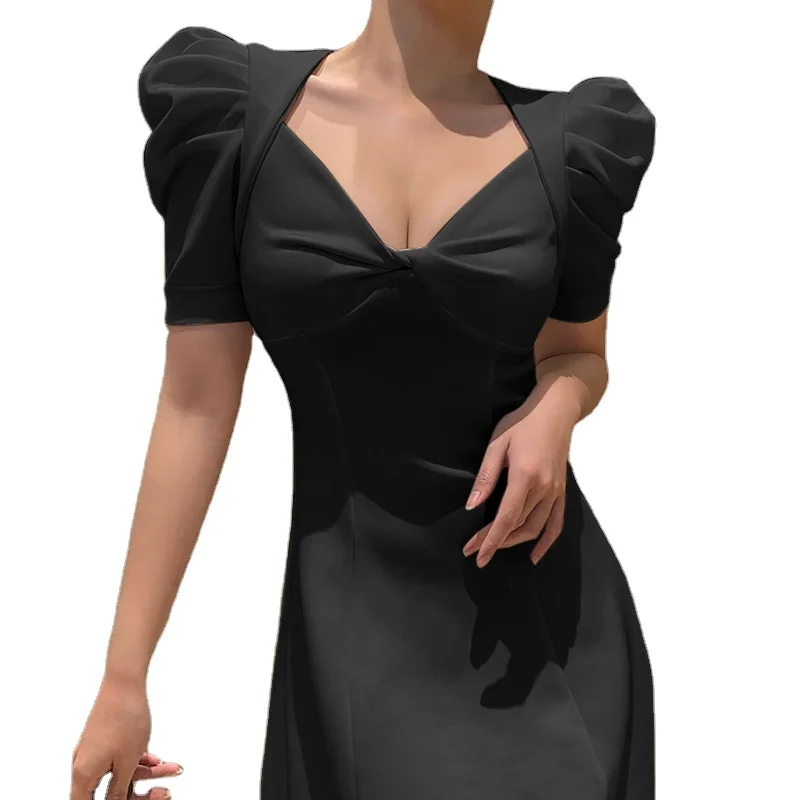 

Summer Puff Sleeve Skinny A Line Solid V Neck Short Sleeve Bodycon Casual Party Club Evening Dress, Black , white