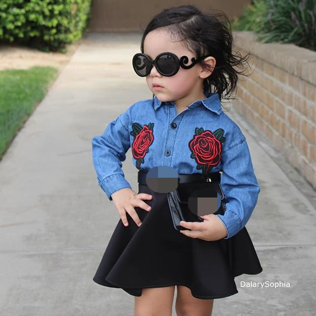 

Baby Girl Summer Clothing Sets Baby Girls Clothes Flower Denim Shirt Top +skirts 2pcs Outfits Kids Denim Clothes Sets, As picture