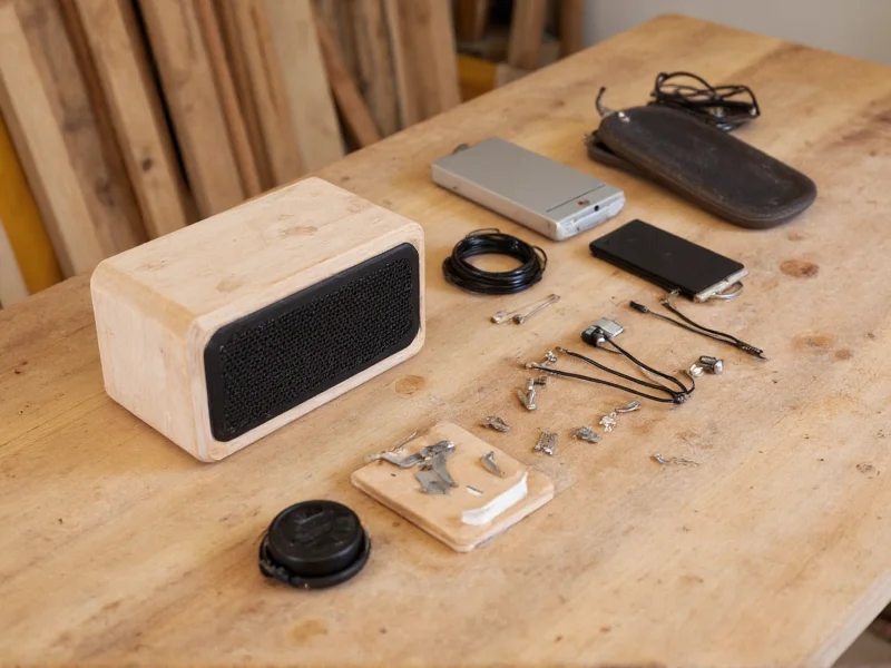 DIY Bluetooth speaker components laid out on wooden workbench