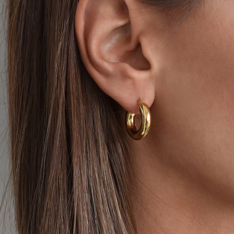 
18K Gold Plated Minimalist Women Jewelry 316L Stainless Steel Hypoallergenic Chunky Thick Hoop Earrings 