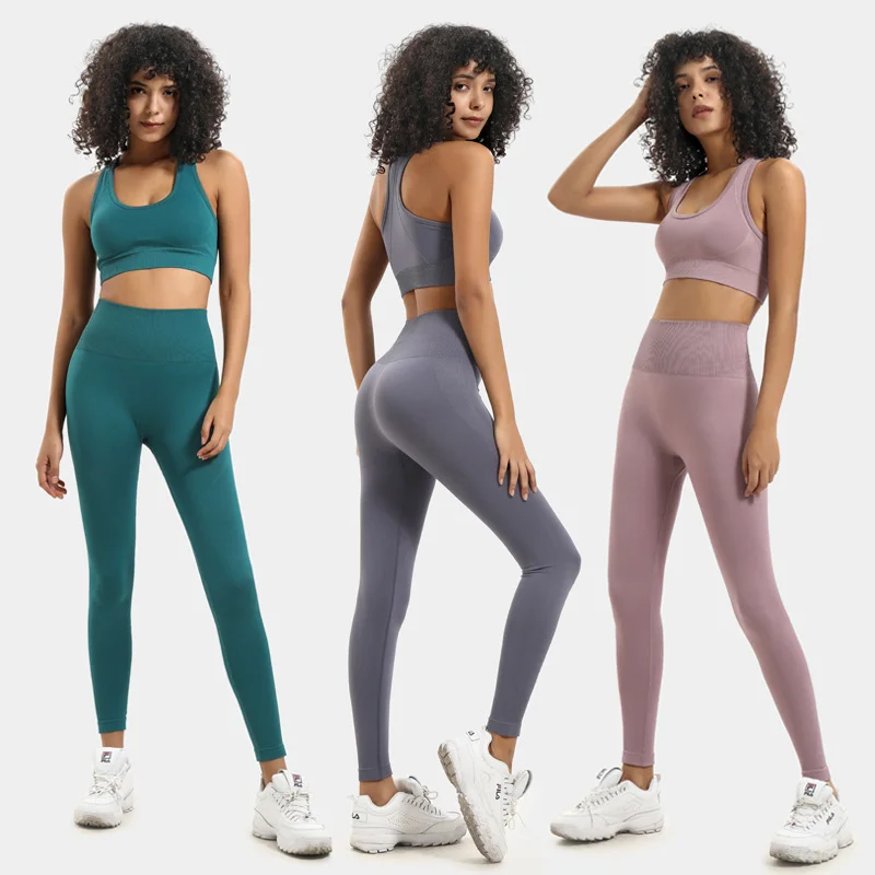 

Free Sample High Waist Fitness Women Suit gym Seamless Yoga Wear Set, Pink, dark grey melange, purple, black, light grey melange