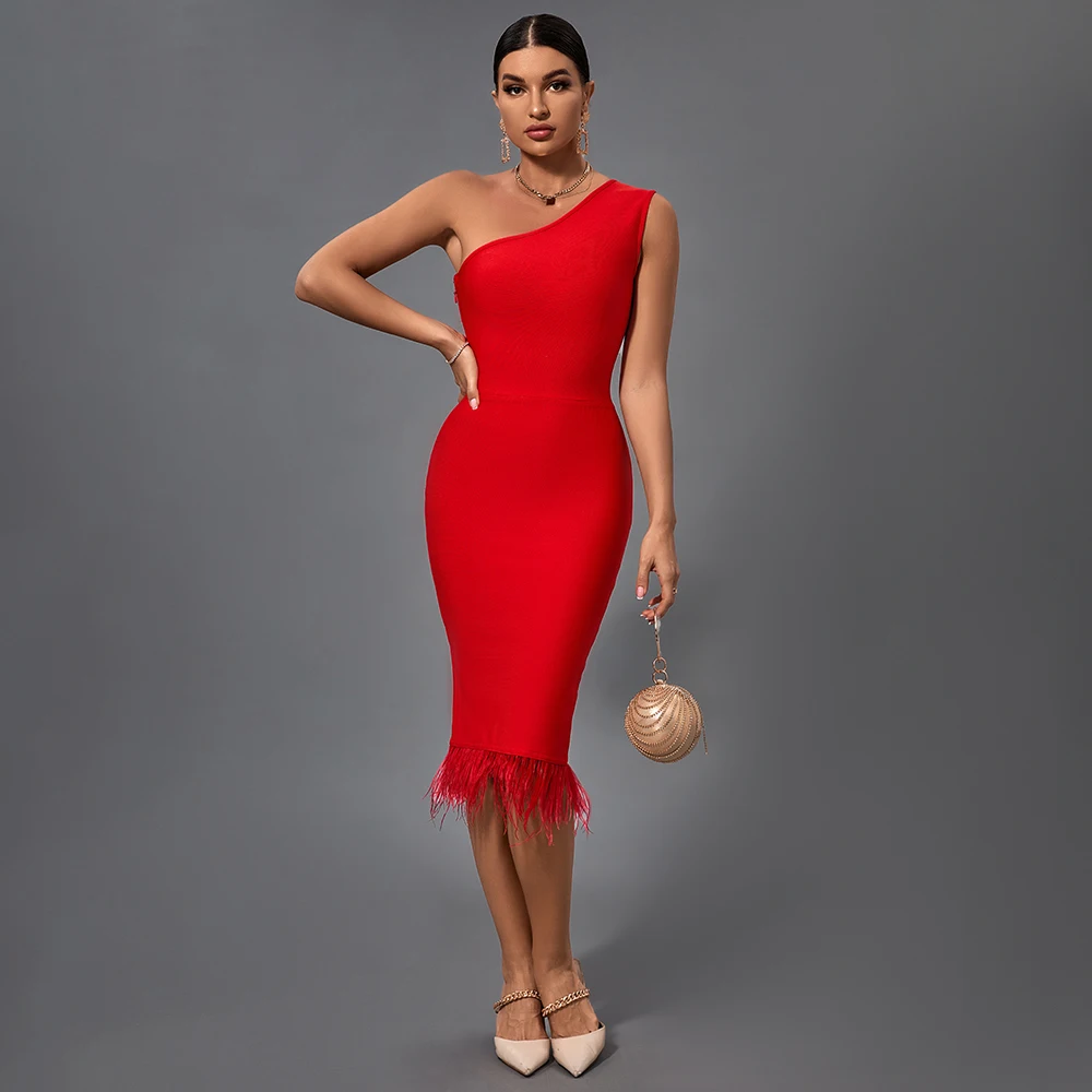 

Ocstrade Fashion Red Sexy Birthday Outfit Dresses Slanted Shoulder Solid Color Plush Embellished Elegant Party Midi Dress