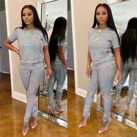 

M0330 women winter new products 2020 two piece pants set shiny glitter women casual bodycon 2 piece set for club 2019