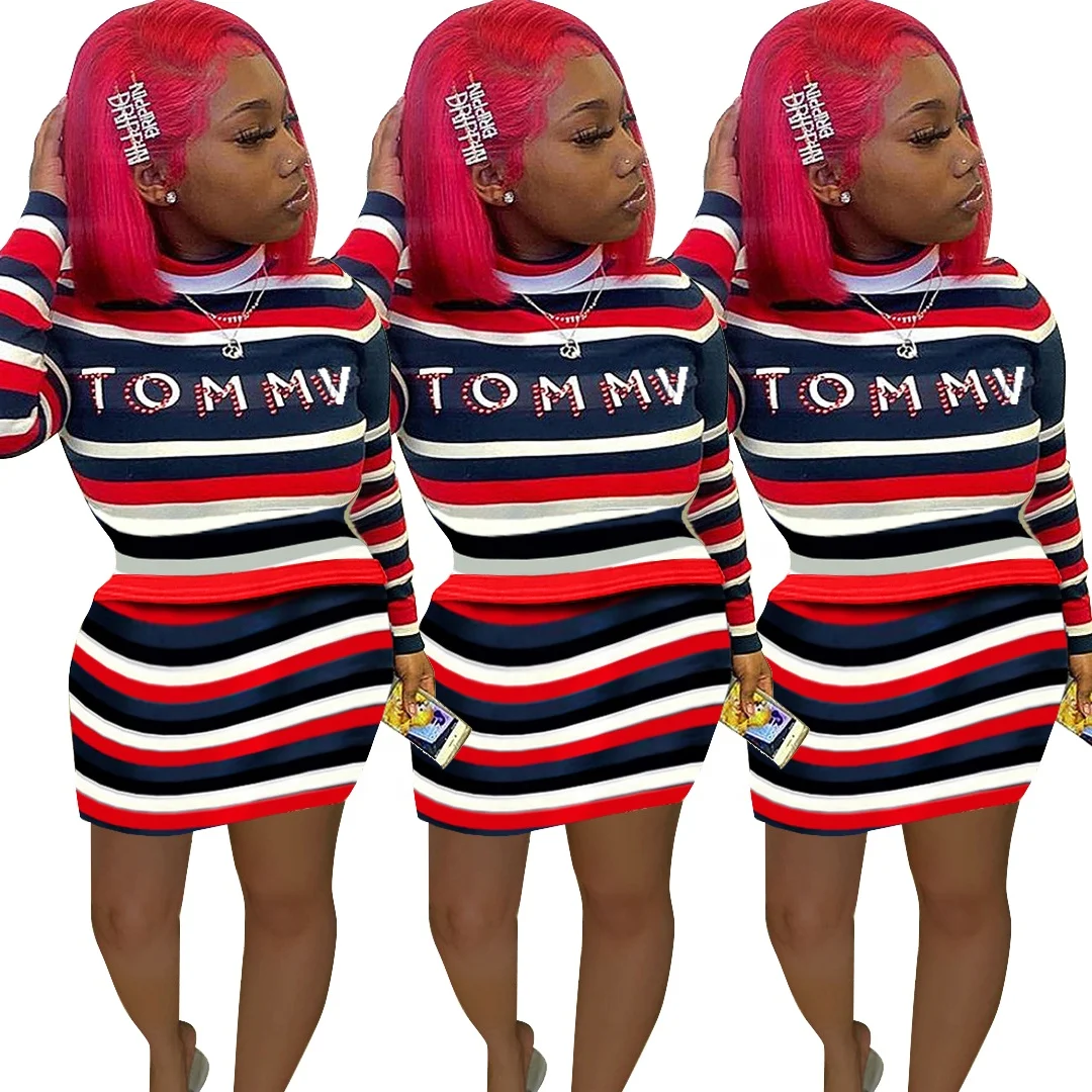 

2021 NEW Fashion Stripe Print Long Sleeve O-neck Crop Top Mini Dress Two Piece Set Women Sexy Sports Suits Bodycon Casual Outfit