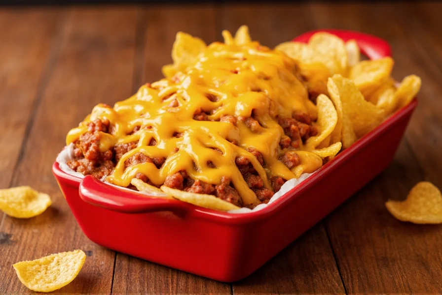 Petro's Chili and Chips served in a red tray with melted cheese topping and chili sauce dripping over Fritos corn chips