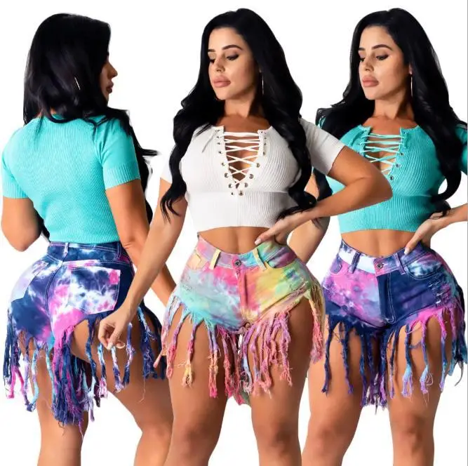 

Plus Size 3XL Button Pants Women High Waist Bodycon Distressed Shorts Tie Dyed Tassels Casual Hot Jean Shorts Women 2021