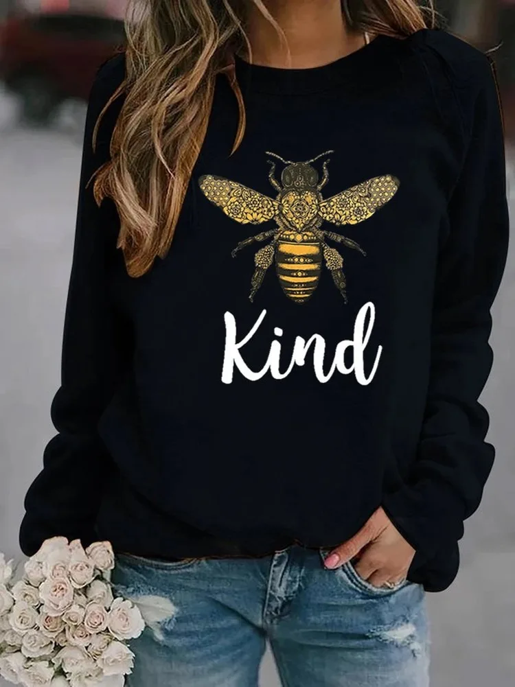 

Autumn Women Bee Print Be Kind Sweatshirtpullovers Loose Casual Long Hoody Hoodies Women Sweatshirt