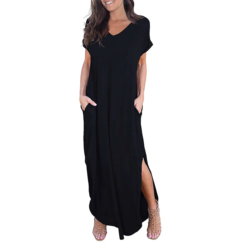 

Spring fall 2021 women clothes Women's elegant Casual Loose Pocket Long Dress Short Sleeve Split club Plus Size Maxi Dresses, Customized color