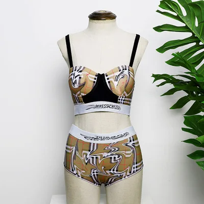 

Designer brand bikini lattice steel plate with letter split high waist bikini sexy 2021 swimsuit