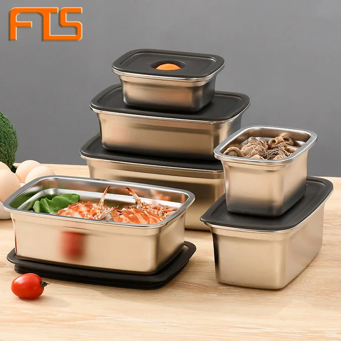 

Fts Crisper Refrigerator Microwave Stainless Steel Lid Kitchen Food Stackable Fridge Freezer Storage Fresh-Keeping Box