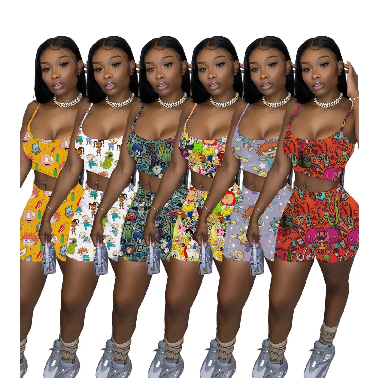 

2021 Summer Cartoon Print Tie-dye Leisure 2 Piece Sets Halter Top and Shorts Tracksuit Two Piece Short Set Women Clothing, Picture