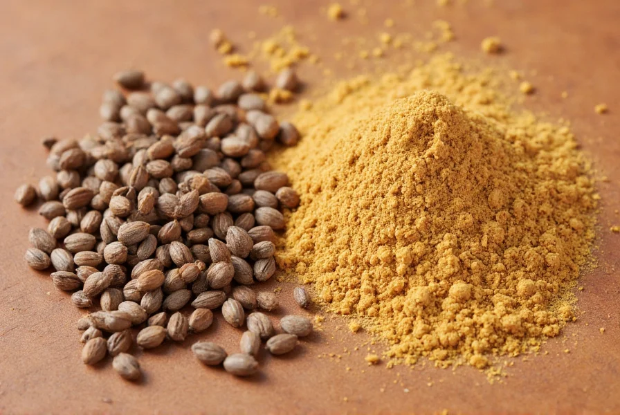 Close-up comparison of whole cumin seeds next to ground cumin powder on a wooden table