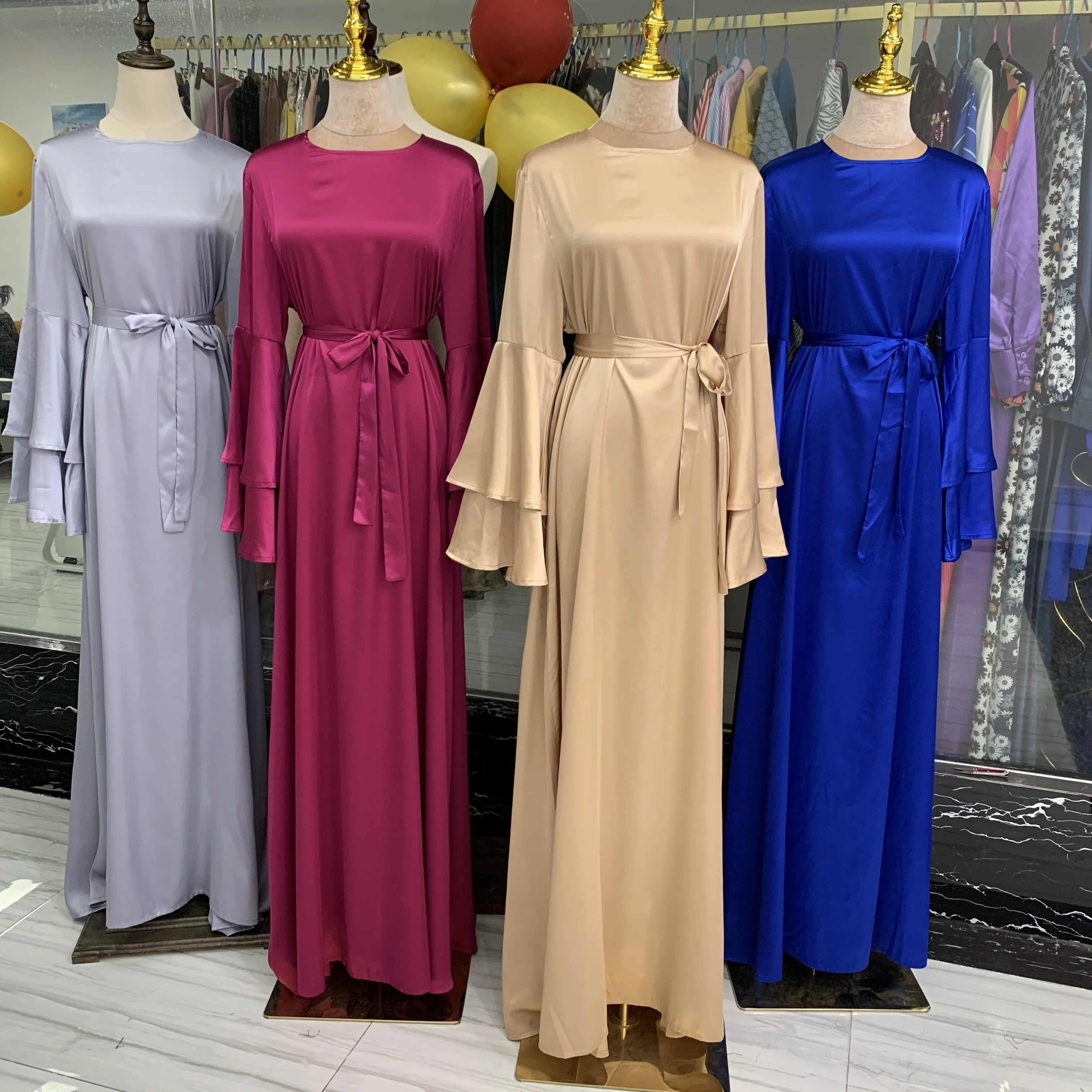 

2021 New Modest Fashion Satin Dress Muslim Turkish Abaya Long Flare Sleeve Islamic Clothes Jilbab Ramadan Gown, 4 colors