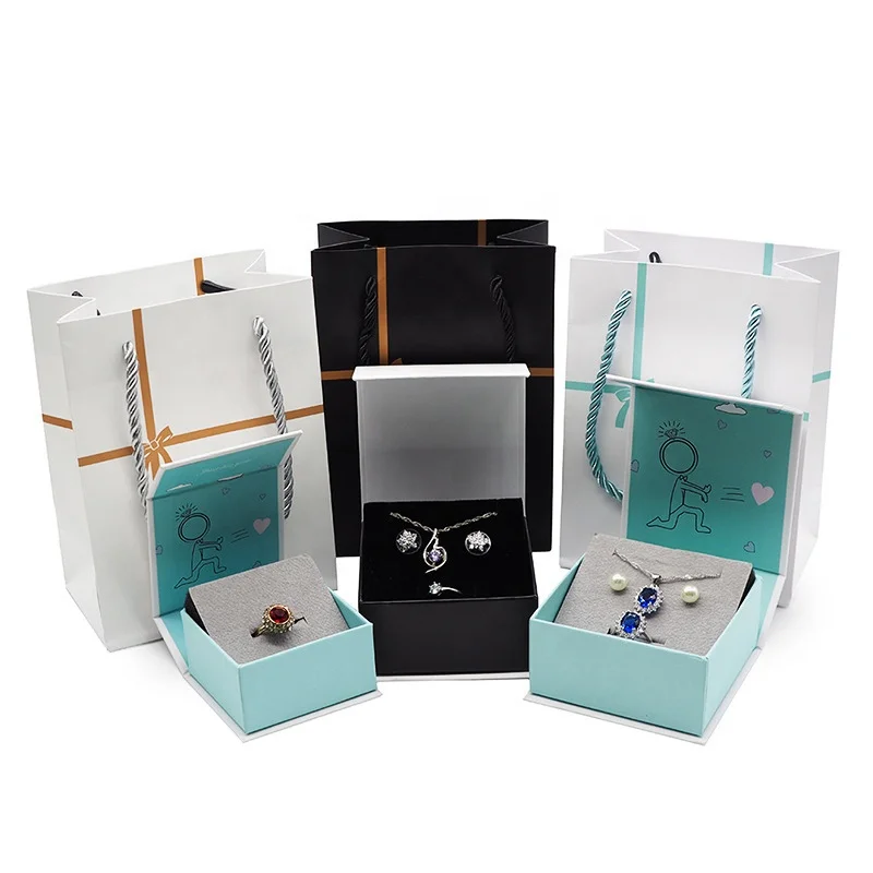 

Custom china wholesale white cardboard high end jewelry packaging box with lid and pouch for ring necklace earring set 2020, Green- white, black-white.