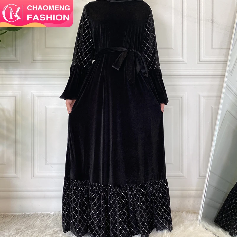 

6199# Velvet Muslim Dress Islamic Clothing For Winter Season Thick Fabric Maxi Luxury Abaya Dresses With Pockets, Blue/pink/black