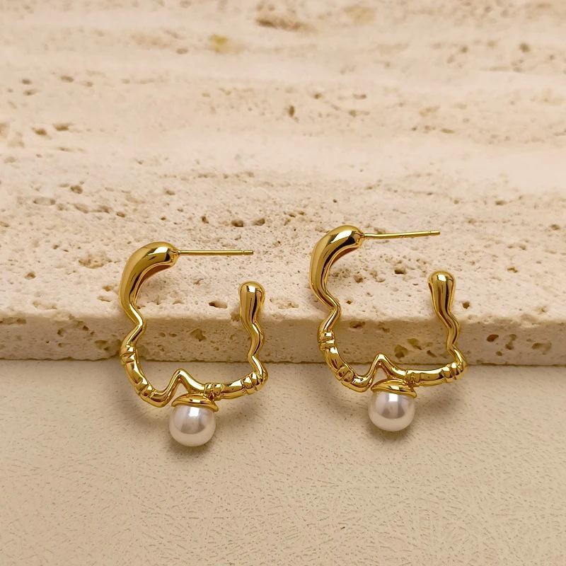 

Ins Wholesale Women Irregular 18k Real Gold Plated Pearl Jewelry Real Natural Baroque Freshwater Pearl Earrings