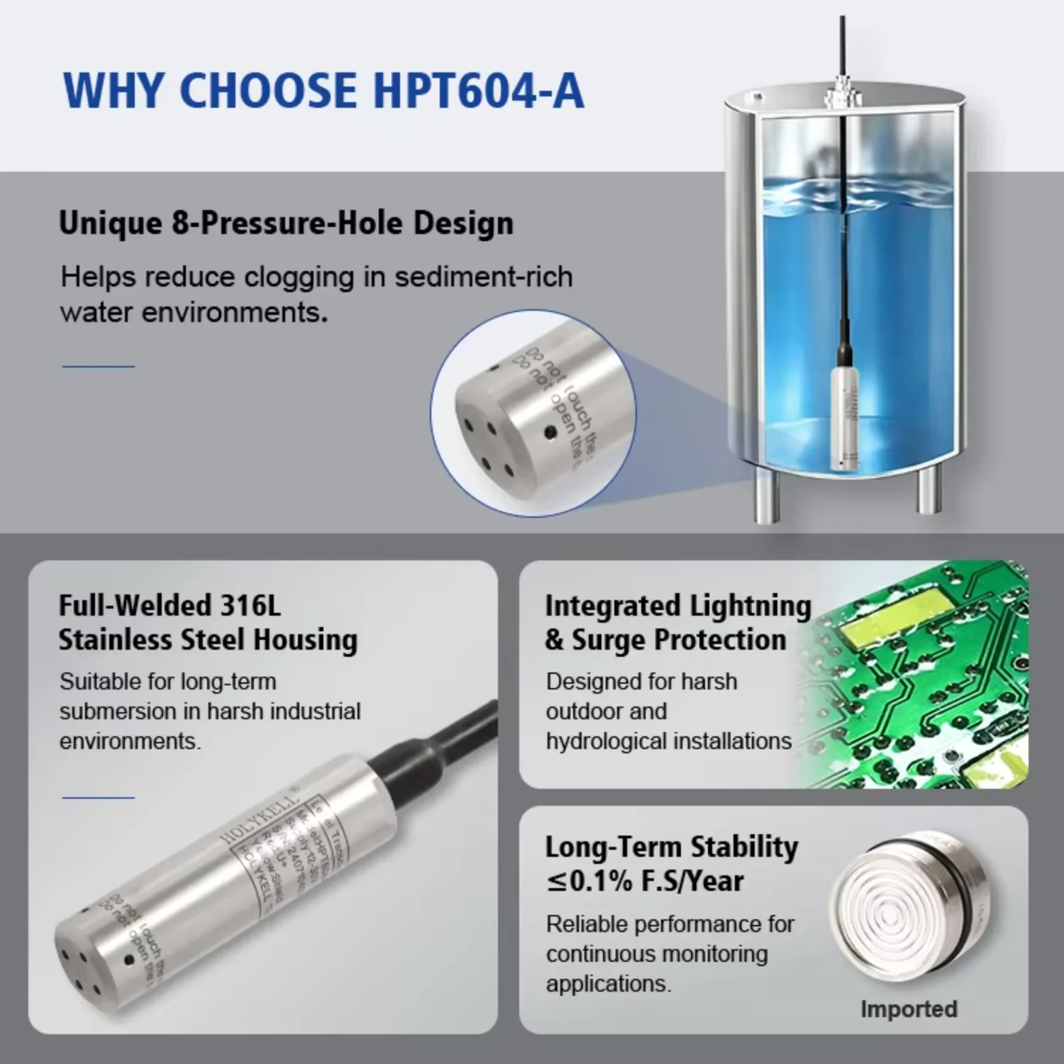 Holykell 4-20mA IP68 Stainless Steel Hydrostatic Submersible Liquid Level Sensor for Water Tanks