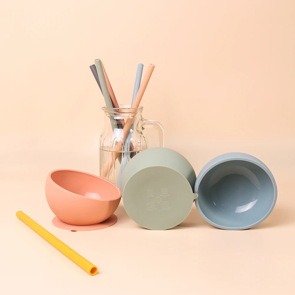 

reusable food grade feeding set long silicone baby drinking baby straw baby bowl