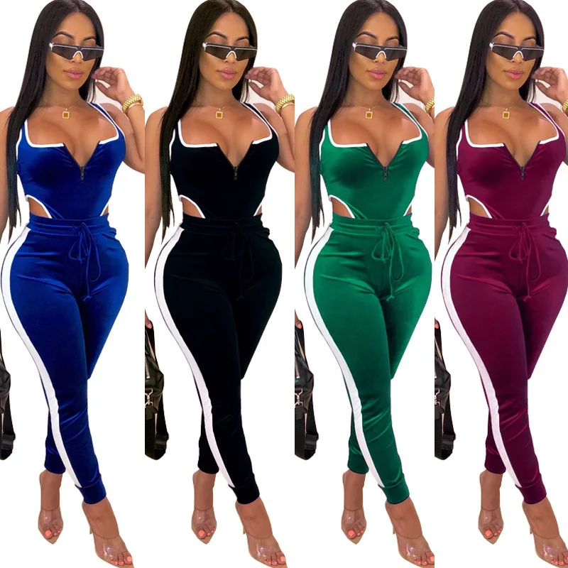 

Hot sale fashion women sleeveless 2 piece set bodysuit rompers velvet jumpsuits solid trousers bodycon