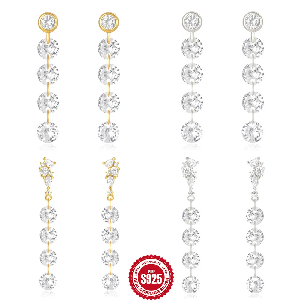 NEW Wholesale Fashion Jewelry 925 Sterling Silver Long Tassel Chain Shiny Zircon Gold Plated Stud Earring Jewelry for Women