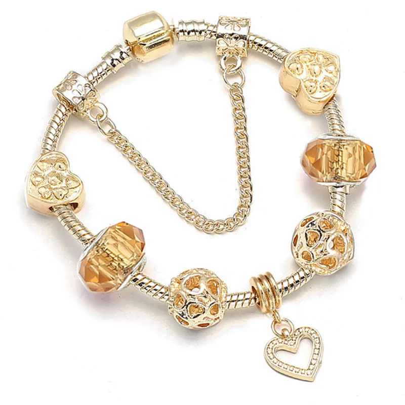 

HOVANCI European Style Gold Plating Crystal Rhinestone Heart Charm Bracelet Glass Bead Heart Charm Bracelet with Safety Chain