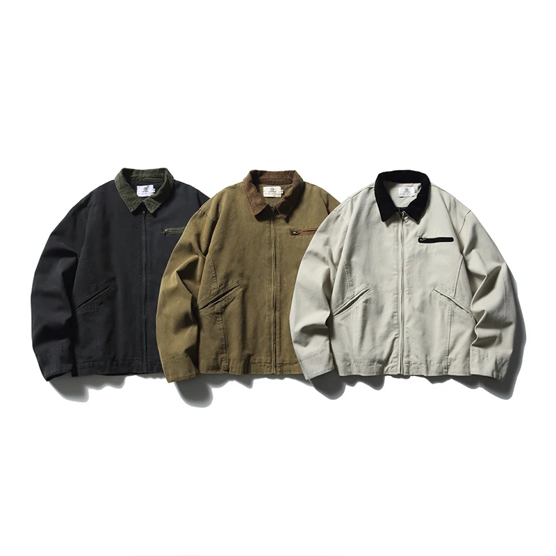 Unisex Fashionable Vintage Washed Crop Tops Blouson Jackets With Custom Logo Lapel Collar Chino Jacket