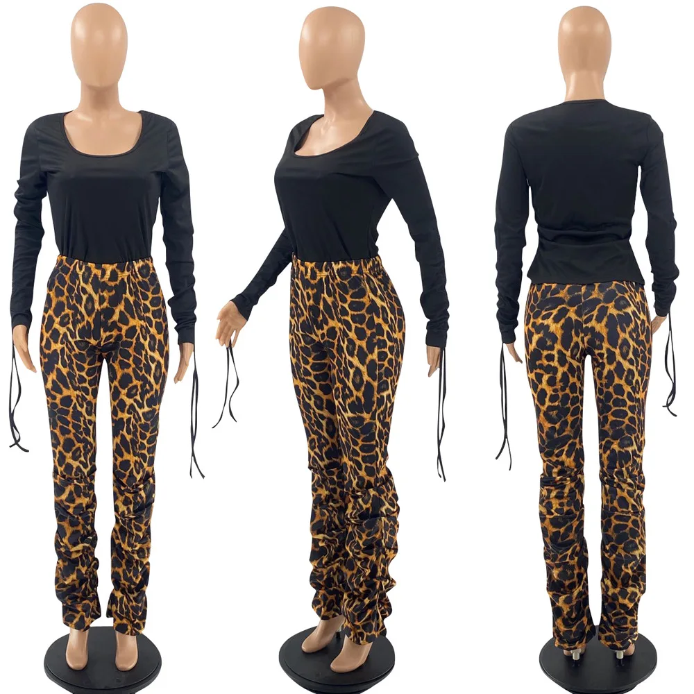 

Ladies Casual Suit Drawstring Sleeves + Leopard Pants Two-piece Suit