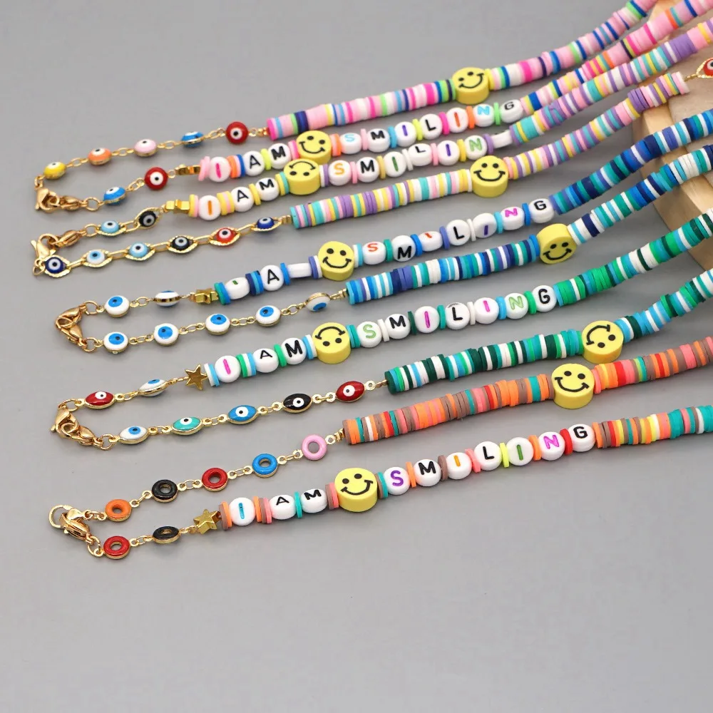 

Go2boho Sunglasses Chain Evil Eye 2021 Summer Holder For Women Jewelry Boho Rainbow Polymer Clay Bead Letter Masking Chains, Polychromatic color