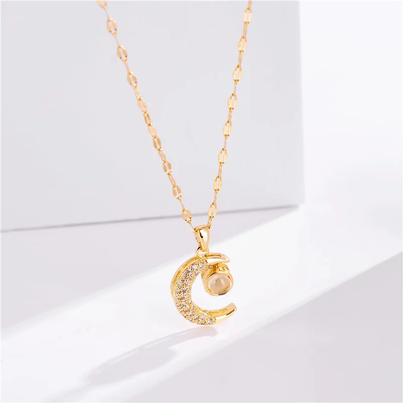 

18K gold plated necklace with tiny zircon moon shaped pendant necklace for ladies