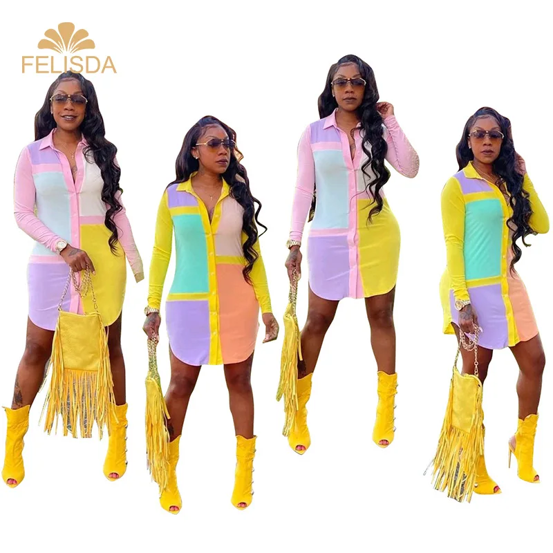 

T Shirt Dress Women Short Dress Fashion Patchwork Polo Collar Sexy Casual T-Shirt Career Dresses