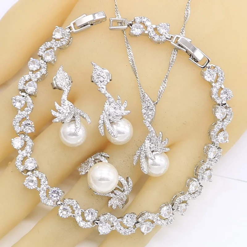 

White Pearl Jewelry Set for Women with zircon Bracelet White Gold Plated Earrings Ring Necklace Pendant Birthday Gift, Customers' request