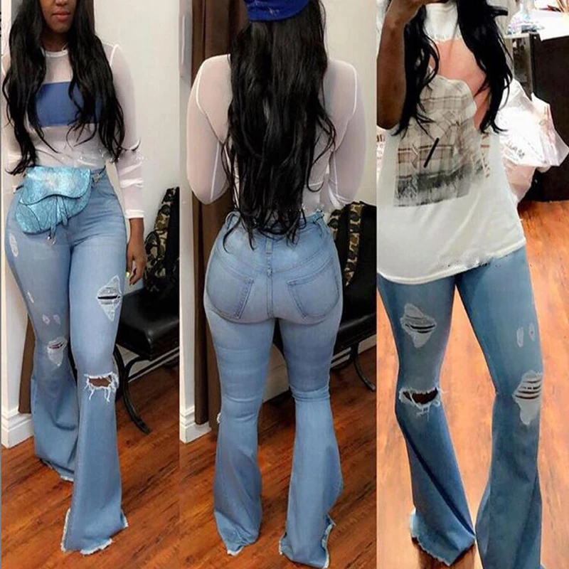 In Stock Ladies Denim jeans plus size high waist bell bottom jeans womens flared jeans