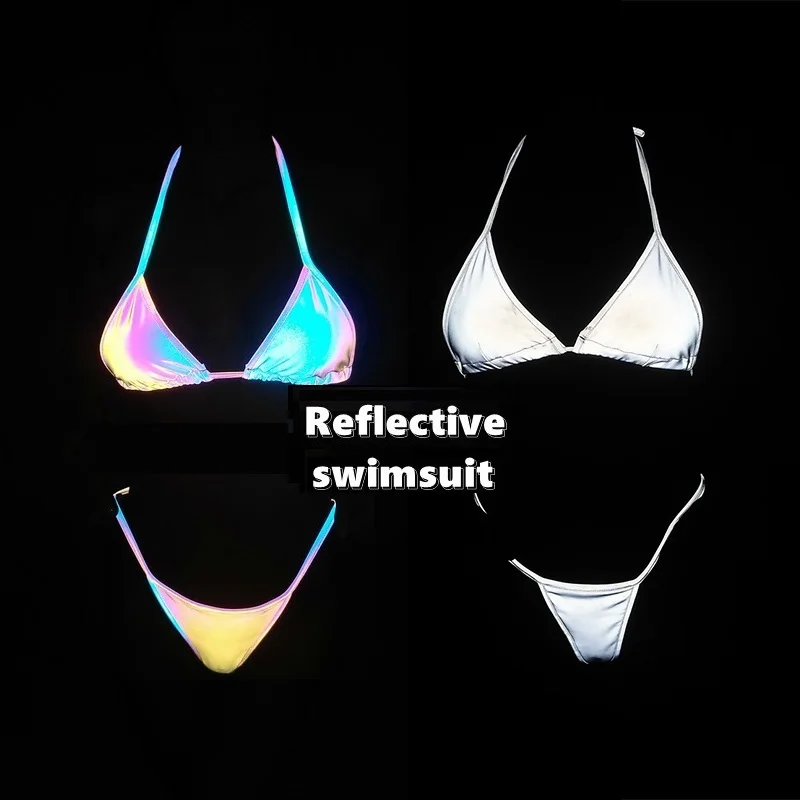 

2022 Wholesale Women Colorful Ins Sexy Strappy Split Swimsuit Laser Reflective Bikini, Customized color