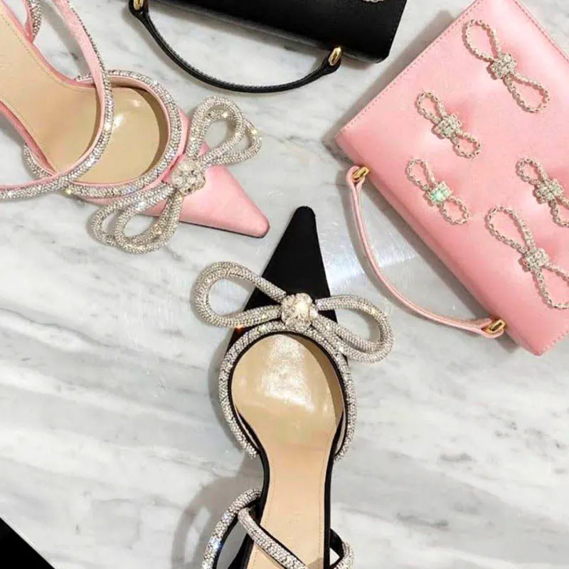 

Runway style Glitter Rhinestones Women Pumps Crystal bowknot Satin Summer Lady Shoes Genuine leather High heels Party Prom Shoes, As pictures