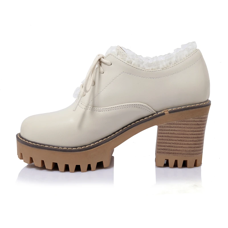 

New Flounces Lace-up Waterproof Platform Ladies Casual Thick Heel Shoes, Yellow/black/ecru