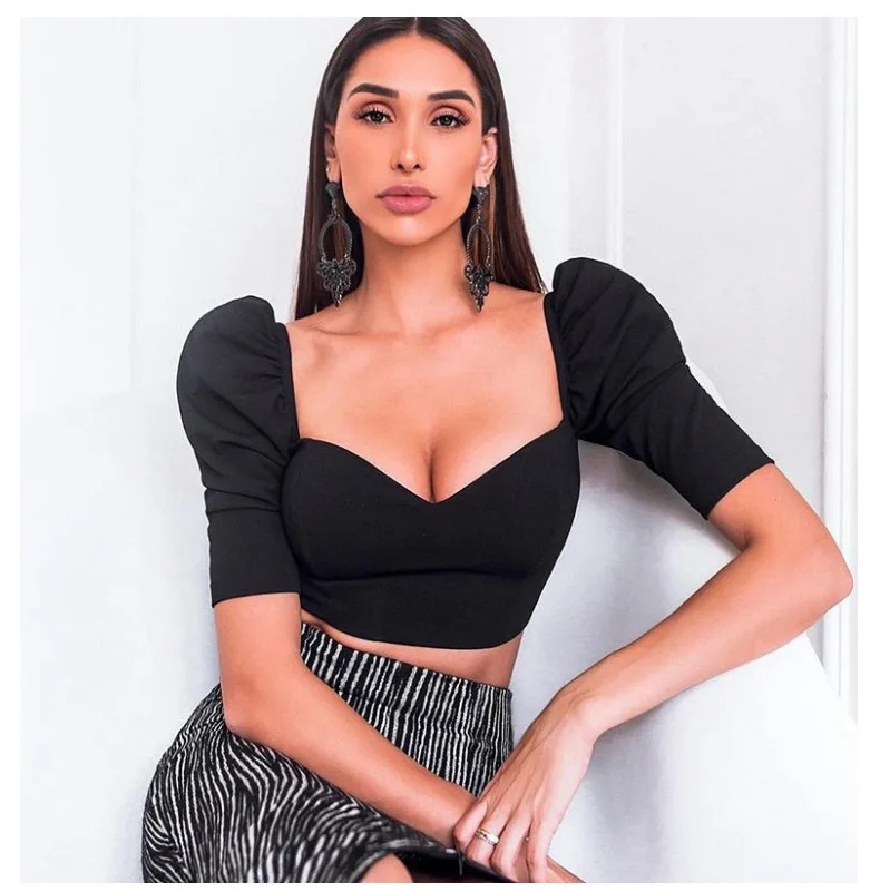 

2020 new arrivals amazon hot selling puff sleeves slash neck ladies sexy blouse crop tops