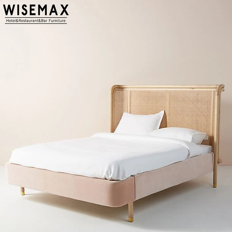 
Wholesale Simple Rattan Headboard Bed Design Hotel HomeStay Pink Velvet Bed Frame Queen Double Wooden Bed  (62430432065)